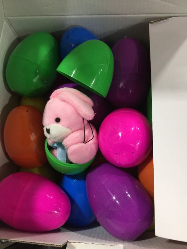 Photo 1 of 24 PCs Filled Easter Eggs with Plush Bunny 3.2" Bright Colorful Easter Eggs Prefilled with Variety 4.5" Plush Bunnies
