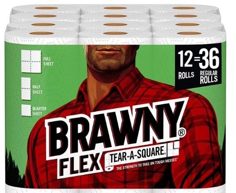 Photo 1 of Brawny Flex Paper Towels, 12 Triple Rolls = 36 Regular Rolls, Tear-A-Square, 3 Sheet Size Options, Quarter Size Sheets
