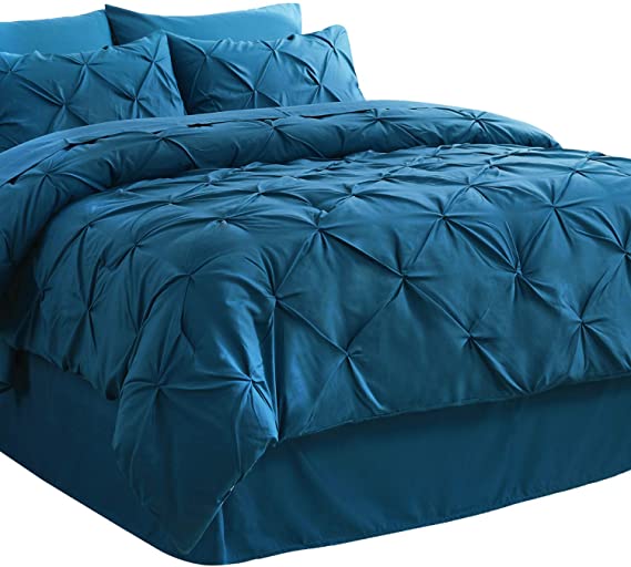 Photo 1 of Bedsure Teal Comforter Set King - 8 Pieces Pintuck King Size Bed in A Bag, Pinch Pleat Teal King Bedding Sets with Comforters, Sheets, Pillowcases & Shams, Kids Bedding Set
