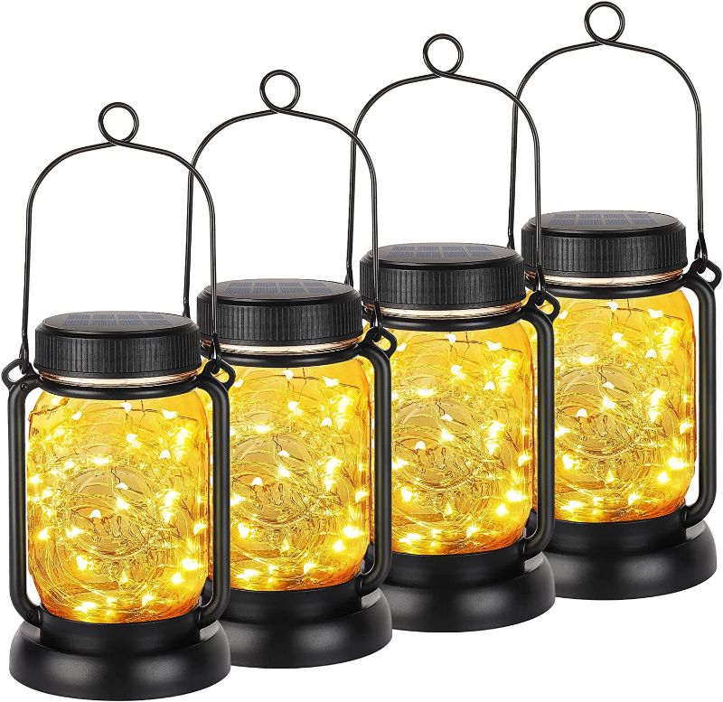 Photo 1 of 4 Pack Solar Hanging Mason Jar Lights with Stakes, Outdoor Waterproof Decorative Solar Lantern Table Lamp, Vintage Glass Jar Starry Fairy Light with 30 LEDs for Patio Garden Tree (Warm White)