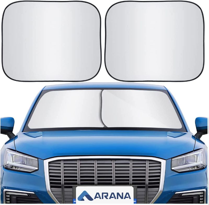 Photo 1 of ARANA 2-Piece Car Windshield Sun Shade Foldable Retractable Automotive Windshield Sunshades Front Window Sun Protection Blocks 99% UV Rays Sun Heat, Large Size 32.5"×36"