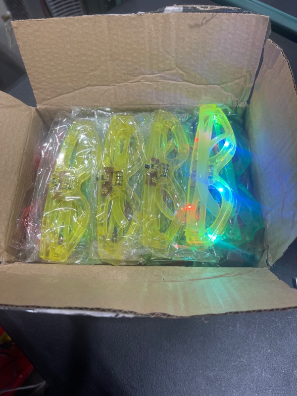 Photo 2 of 24 Packs LED Glasses for kids Glow in the dark Party Supplies Favor,6 LED 6 Shapes Glasses Flashing Plastic Light up Glass Toys Bulk 3 Replaceable Battery Flashing Light fit Concert Birthday Holiday