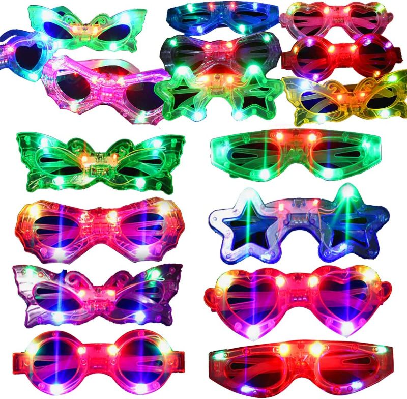 Photo 1 of 24 Packs LED Glasses for kids Glow in the dark Party Supplies Favor,6 LED 6 Shapes Glasses Flashing Plastic Light up Glass Toys Bulk 3 Replaceable Battery Flashing Light fit Concert Birthday Holiday