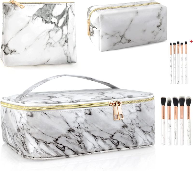 Photo 1 of 3 Pcs Makeup Bags for Women, DISEN Travel Makeup Bags with Extra 10 Brushes & Adjustable Dividers, Large Make Up Bag Travelling Cosmetic Bag Set(Marble)