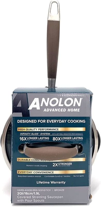 Photo 1 of Anolon Advanced Home Hard Anodized Nonstick Sauce Pan/Saucepan with Straining and Lid, 2 Quart (2 Qt Straining Saucepan, Bronze)