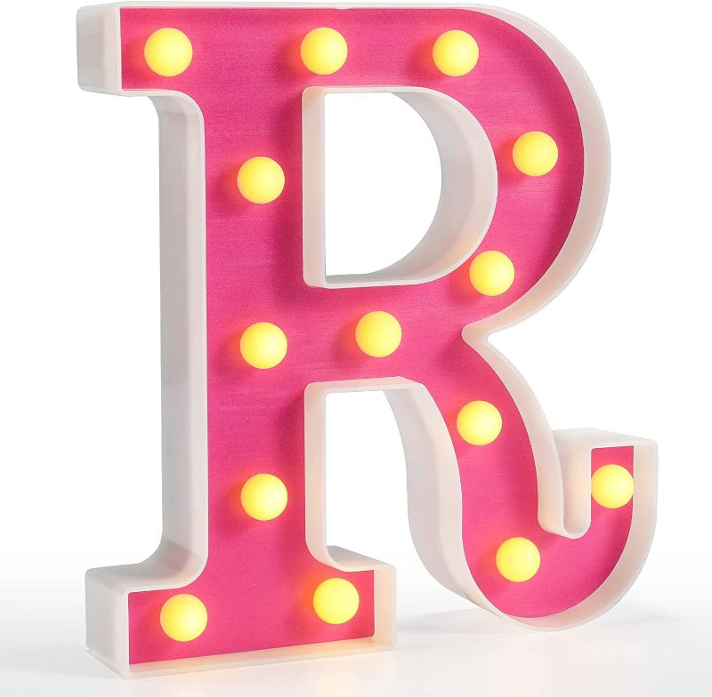 Photo 1 of Pooqla LED Marquee Letter Lights, Light Up Alphabet Marquee Letters Sign for Night Light Birthday Wedding Party Christmas Lamp Home Bar Decoration, Pink Letter R
