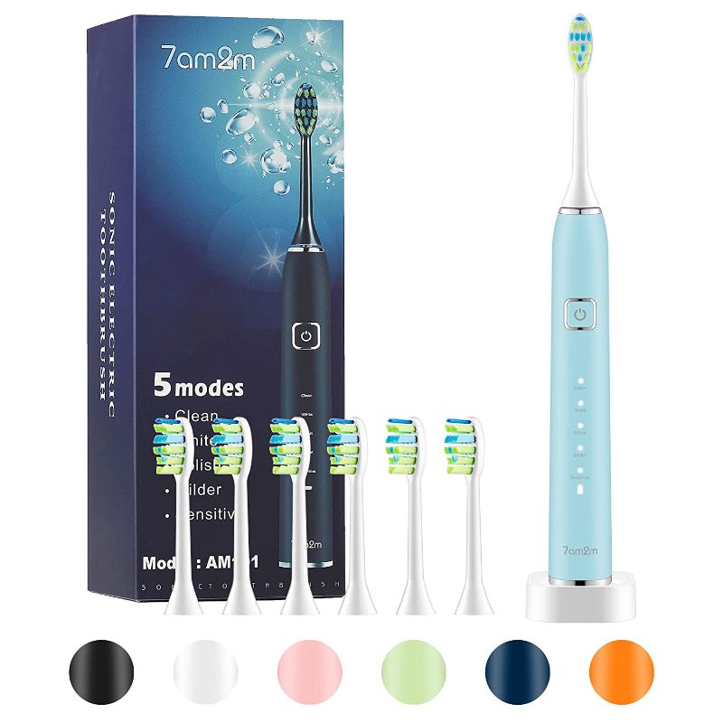 Photo 1 of 7am2m Sonic Electric Toothbrush with 6 Brush Heads for Adults and Kids, One Charge for 90 Days,Wireless Fast Charge, 5 Modes with 2 Minutes Built in Smart Timer, Electric Toothbrushes(Light Blue)
