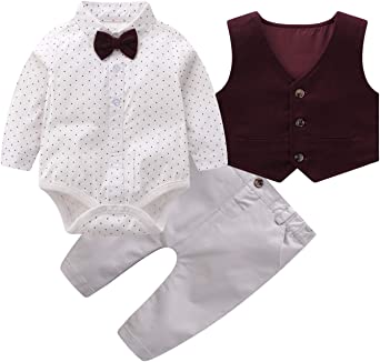 Photo 1 of Baby Boys Gentleman Outfits Suits, Infant Long Sleeve Shirt+Bib Pants+Bow Tie +Vest Clothes Set 18-24 Months
