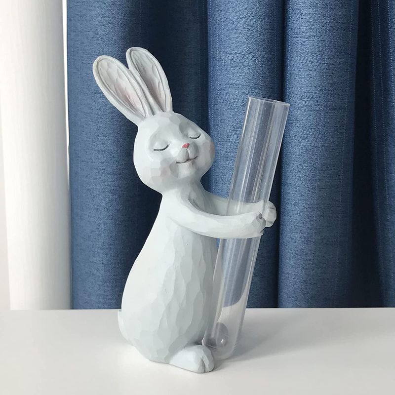 Photo 2 of  SUKIMOLY Resin Rabbit Decor Mini Flower Vase, Hand-Painted Figurine Statue, Inner Peace Home bunnies Figurines Gift for flowers House Warming, Birthday Friendship Easter Bunny Rabbits Gifts 5.9''-Grey
