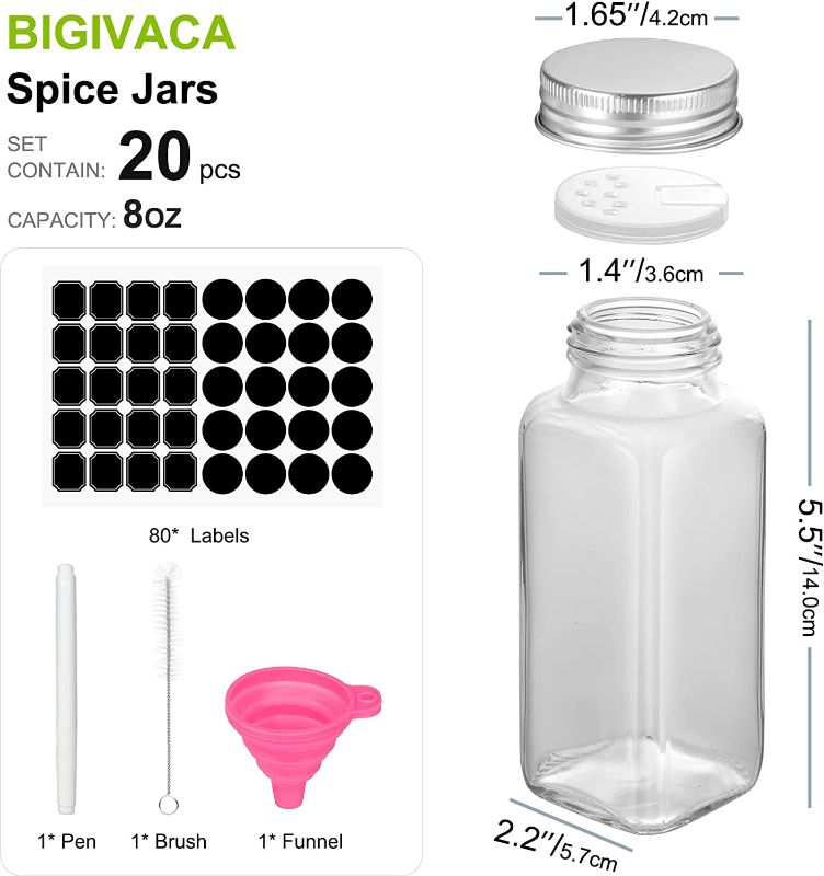 Photo 1 of 8 oz Empty Glass Spice Jars,Set of 20,Square Glass Seasoning Jars & Salts Containers with Metall Caps and Shaker Lids for Home & Kitchen. Include 1 Pen,1 Funnels and 40 Labels.
