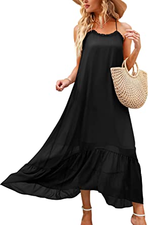 Photo 1 of ANRABESS Womens Summer High Low Ruffle Maxi Dress Spaghetti Strap Print Flowy Beach Long Dress Small 
