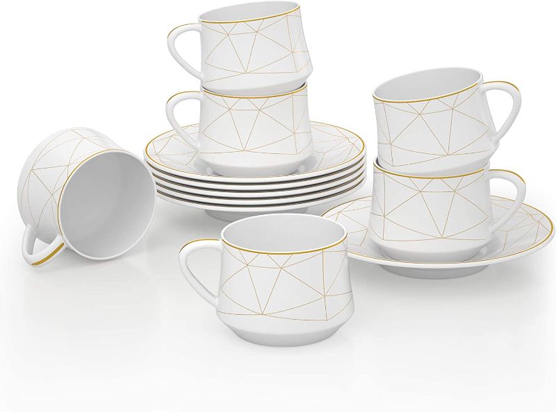 Photo 1 of 6-Piece Porcelain Ceramic Specialty Coffee Drinks Cups Tea Gift Sets (4 OZ), ADDTREE Light Series 100% Handmade Gold Stripe Coffee/Tea Single/Double Espresso, Cappuccino, Latte and Tea - Set of 6
