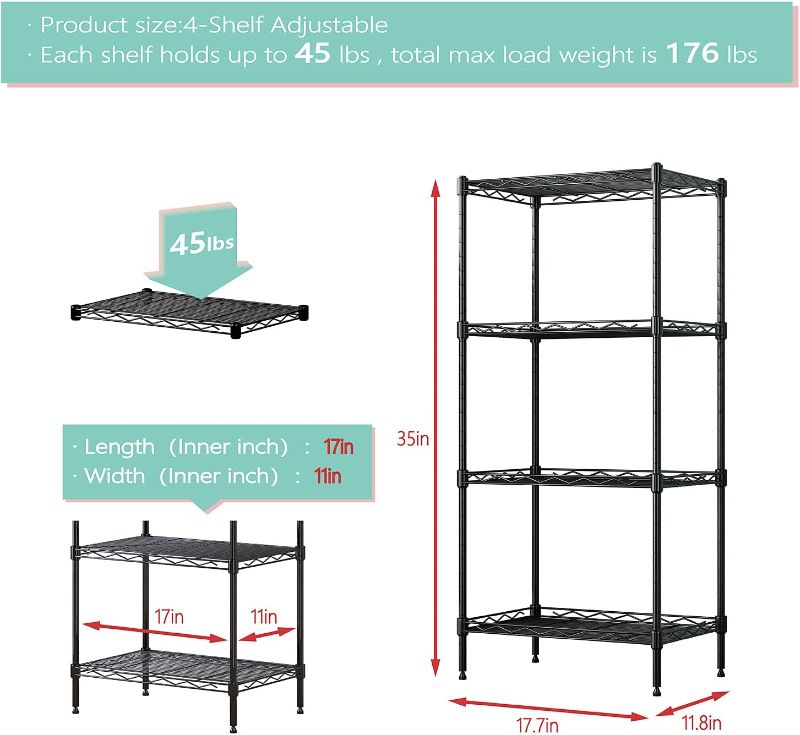 Photo 1 of 4-Shelf Adjustable,Metal Storage Rack,Steel Organizer Wire Rack,Adjustable Organizer Perfect for Pantry Laundry Bathroom Kitchen Closet,Organization,Black,(17.7L x 11.8W x 35.4H) inches
