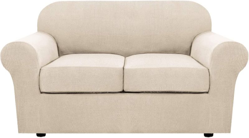 Photo 1 of 3 Piece Stretch Sofa Covers for 2 Cushion Loveseat Couch Covers for Living Room Sofa Slipcovers Furniture Cover (Base Cover Plus 2 Seat Cushion Covers) Thicker Jacquard Fabric(Medium Sofa, Natural)

