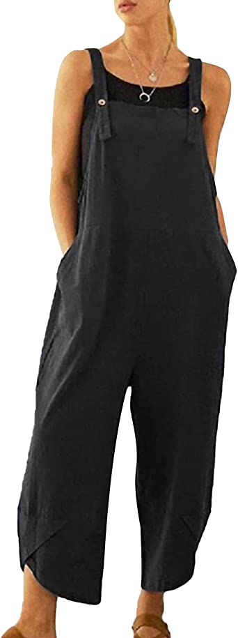 Photo 1 of Flygo Women's Casual Cotton Wide Leg Overalls Baggy Rompers Jumpsuit with Pockets SIZE 
LARGE