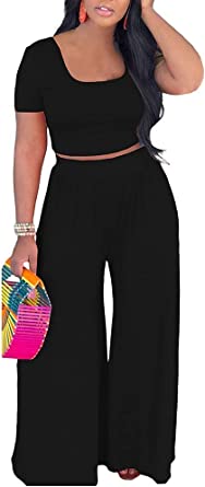 Photo 1 of 2 Piece Outfits for Women Sexy Backless Short Sleeve Crop Top High Waist Wide Leg Long Pant Sets Tracksuit Sport Set
