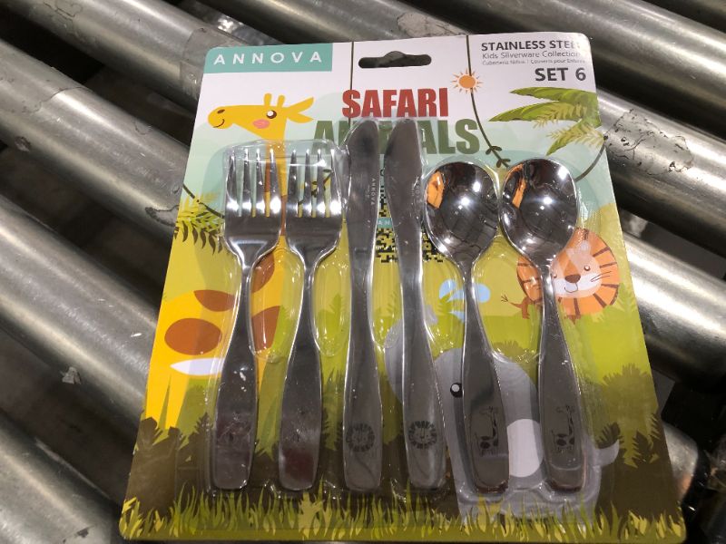 Photo 2 of ANNOVA Kids Silverware 6 Pieces Children's Safe Flatware Set Stainless Steel - 2 x Safe Forks, 2 x Table Knife, 2 x Tablespoons, Toddler Utensils Safari, for Lunchbox (Etched Elephant, Giraffe, Lion)