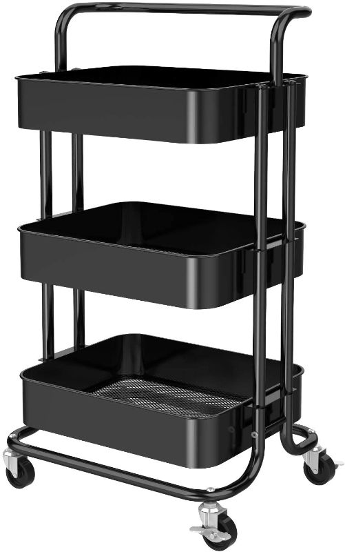 Photo 1 of 3 Tier Mesh Utility Cart, Rolling Metal Organization Cart with Handle and Lockable Wheels, Multifunctional Storage Shelves for Kitchen Living Room Office by Pipishell (Black)
