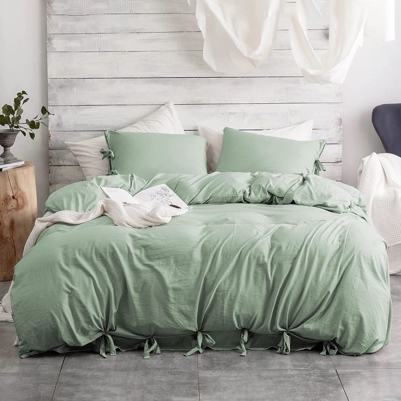 Photo 1 of Argstar 3 Pieces Sage Green Bowknot Duvet Cover King Size, 100% Washed Microfiber Bow Ties Bedding Comforter Cover, Soft and Easy Care Solid Duvet Cover Set(1 Sage Duvet Cover, 2 Pillow Shams)
