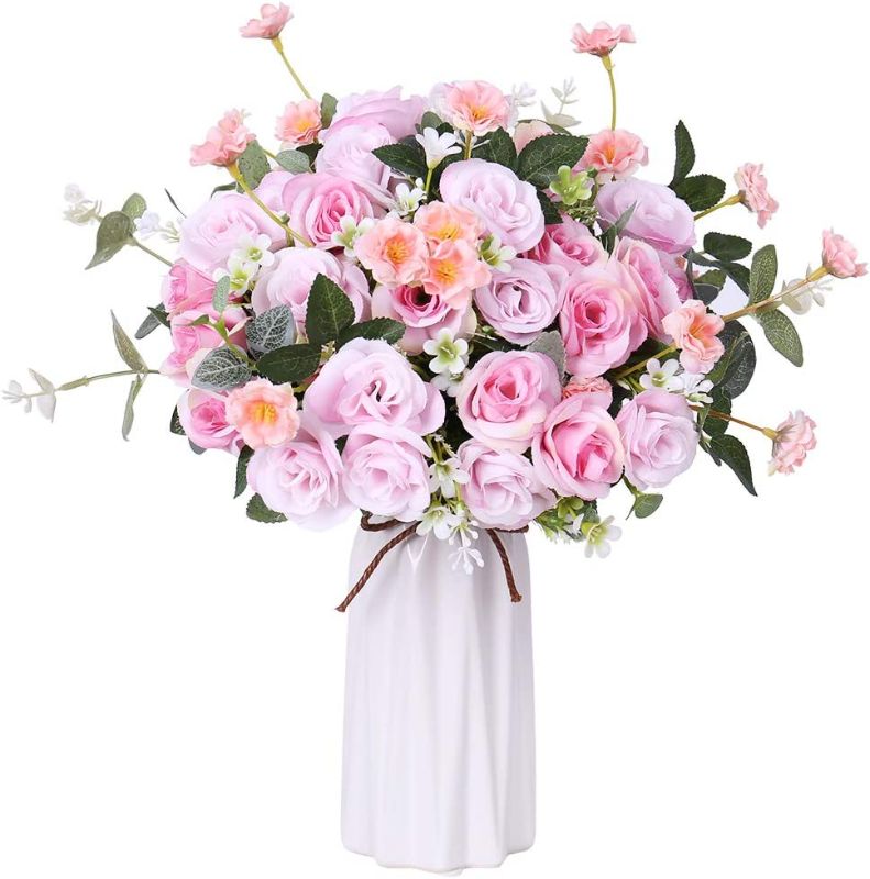 Photo 1 of Artificial Flowers with Vase Silk Fake Roses Wedding Flowers Bouquets for Home Table Office Party Patio Decoration (Pink)
