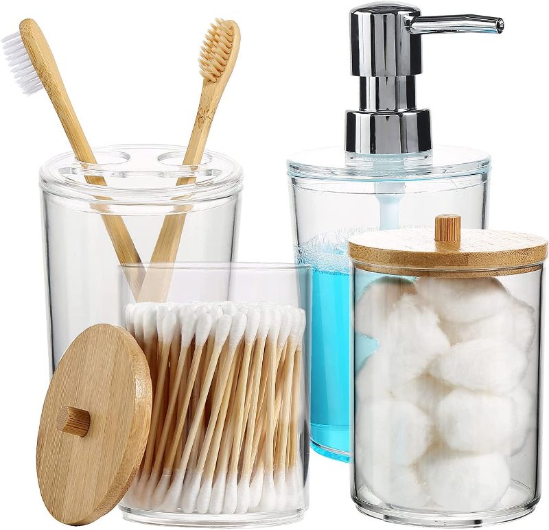 Photo 1 of 4 Pack Acrylic Clear Plastic Bathroom Accessories Set - Soap Dispenser ?2 Apothecary Jars and Toothbrush Holder for Rustic Farmhouse Decor, Bathroom Home Decor Clearance,Countertop Vanity Organiz
