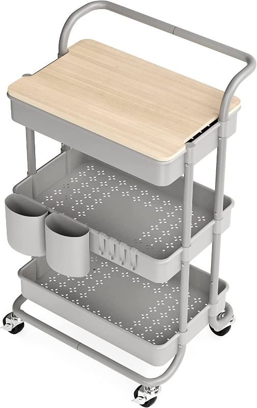 Photo 1 of 3 Tier Rolling Cart, with Table Top, Rolling Storage Cart with Handles and Locking Wheels, Utility Cart with 2 Small Baskets and 4 Hooks for Bathroom. Office, Balcony, Living Room (Grey)
