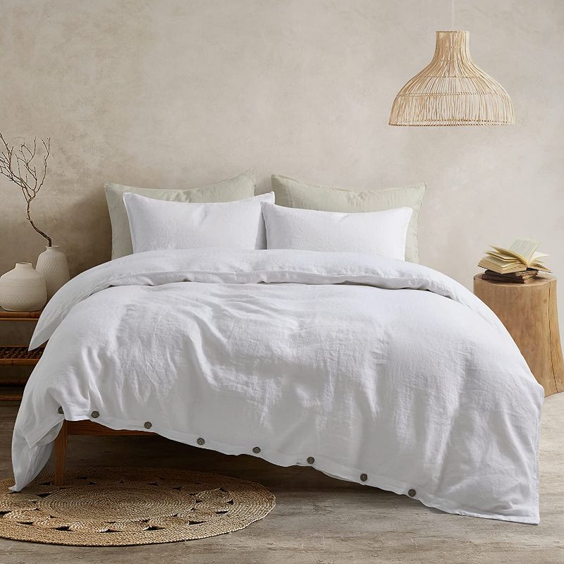 Photo 1 of Bedding Duvet Cover Set Linen - 100% French Flax Washed Bed Sets Farmhouse Comforter Cover Set (1 Duvet Cover and 2 Pillow Shams) King Size White
