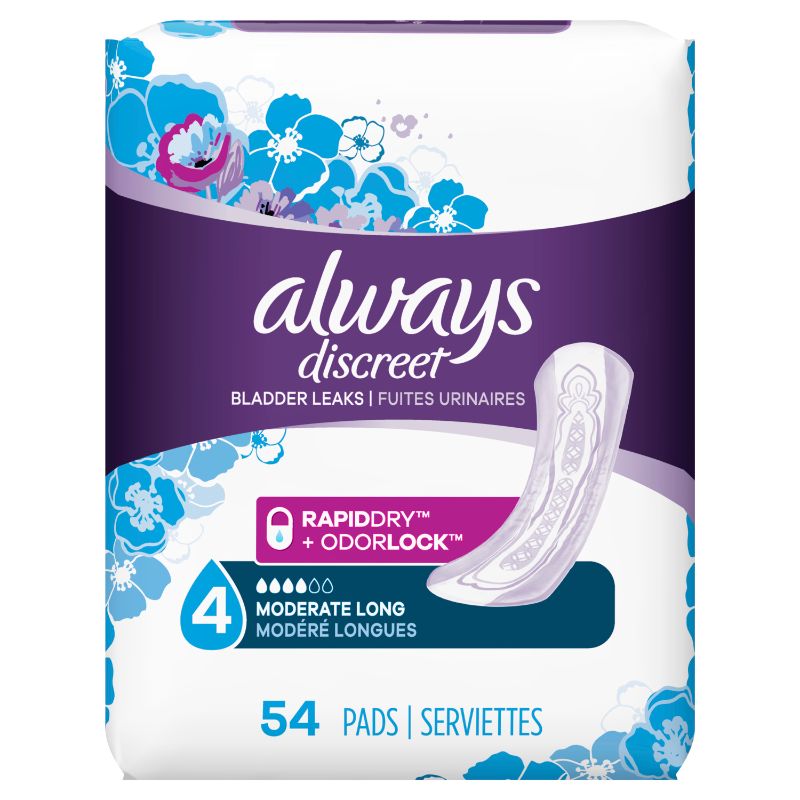 Photo 1 of Always Discreet Incontinence and Postpartum Pads for Women, Moderate Absorbency, Long Length, 54 Count - 54 Ct | CVS
