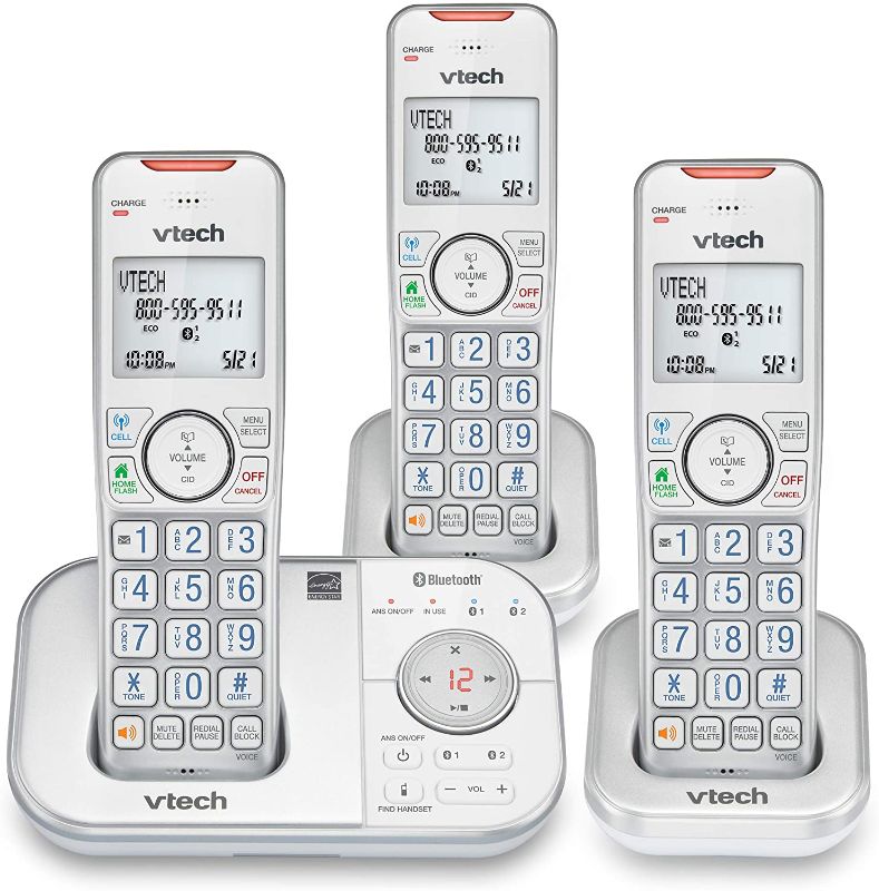 Photo 1 of Vtech VS112-37 DECT 6.0 Bluetooth 3 Handset Cordless Phone for Home with Answering Machine, Call Blocking, Caller ID, Intercom and Connect to Cell (Silver & White)
