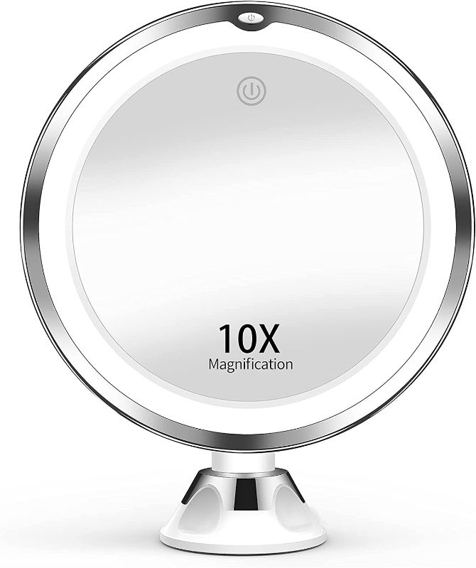 Photo 1 of 10X Magnifying Makeup Mirror with Lights, 3 Color Lighting, Bathroom Shower Mirror with Suction Cup, Intelligent Switch, 360 Degree Rotation, Portable, for Detailed Makeup, Close Skincare, NEEDS BATTERIES 
