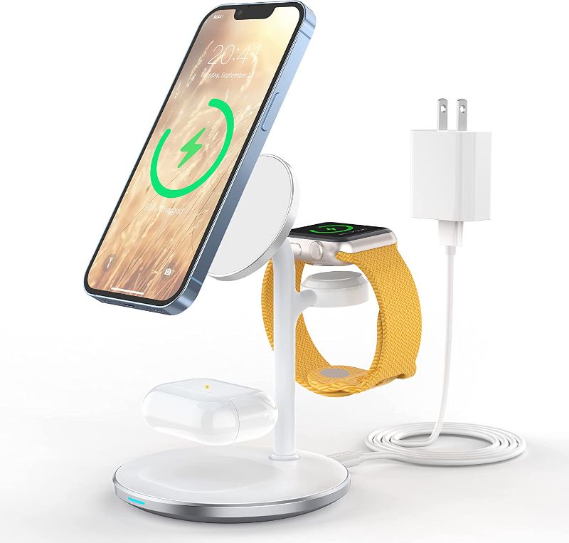 Photo 1 of 3 in 1 Wireless Charging Station for Multiple Devices, 15W Fast Wireless Mag Charger Stand for iPhone 14 13 12 Pro Max / 14 Plus/Pro/Mini, Mag Safe Charger for iWatch 7/SE/6/5/4/3/2, AirPods Pro/3/2
