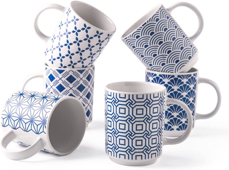Photo 1 of AmorArc 18 OZ Large Coffee Mugs Set of 6, Ceramic Coffee Cups with Handcrafted Textured Patterns for Hot Cocoa,Tea, Coffee, Dishwasher & Microwave Safe - Blue and White
