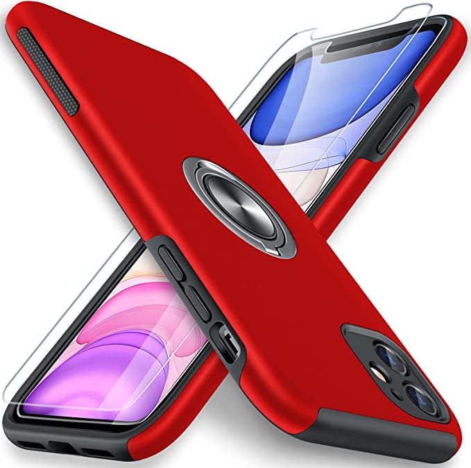 Photo 1 of JAME for iPhone 11 Case with [2 Pack] Tempered-Glass Screen Protector, Slim Soft Bumper Case for iPhone 11 Case, with Invisible Ring Holder Kickstand for iPhone 11 Case, Red