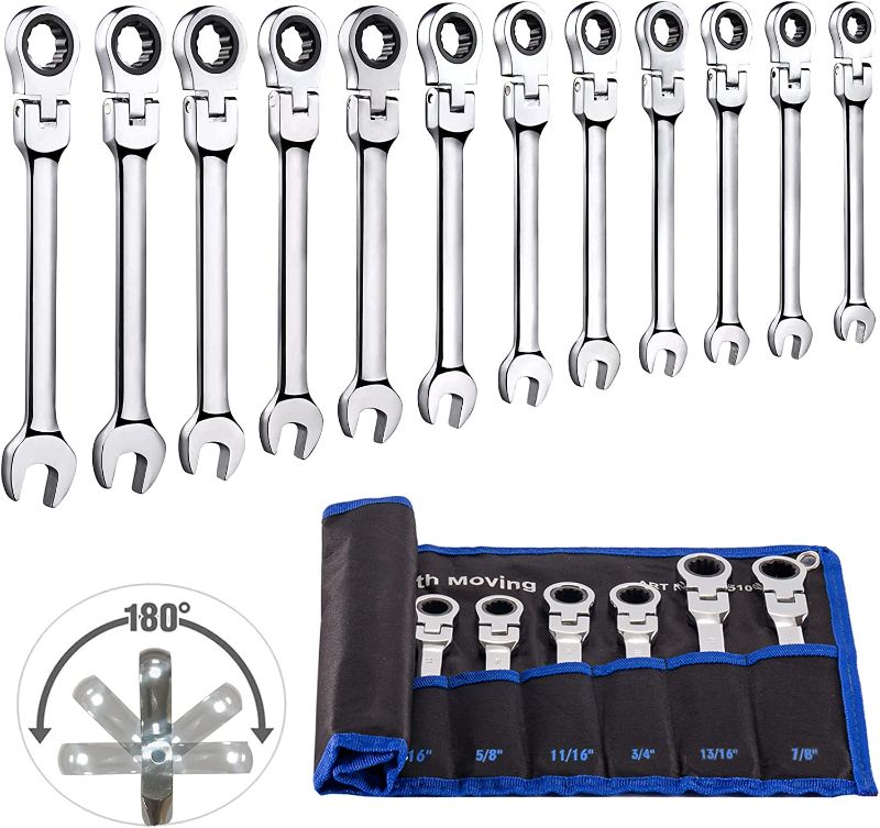 Photo 1 of 12pcs SAE Flex-Head Ratcheting Wrench Set, 1/4" to 7/8" Ratchet Combination Wrenches Chrome Vanadium Steel Construction with Organizer Bag
