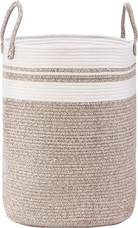 Photo 1 of 58L Woven Rope Laundry Hamper Basket with Handles, 20H×15D inches Tall Clothes Hamper for Blankets, Toys, in Bedroom, Bathroom, Living Room, Brown
