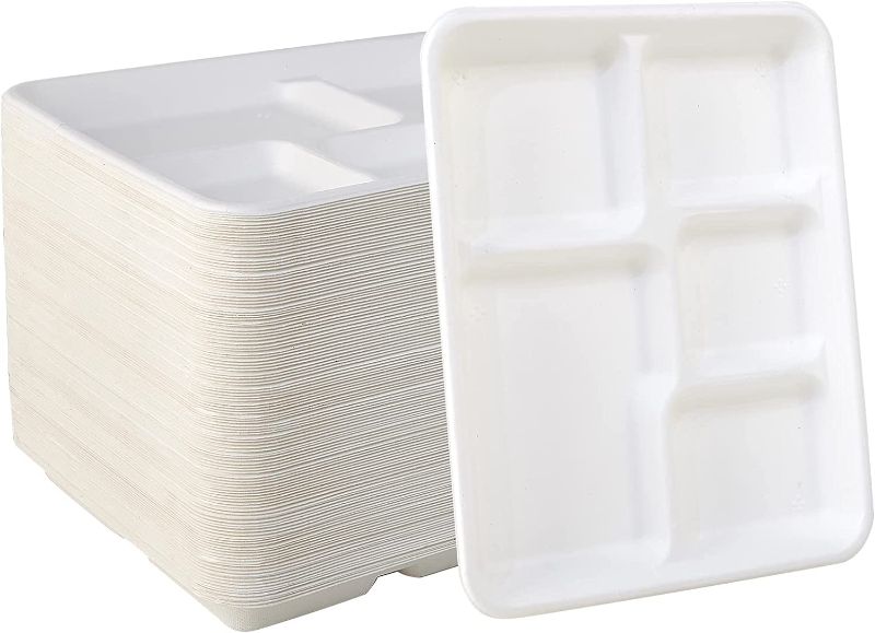 Photo 1 of 100% Compostable 5 Compartment Plates 125 Pack Eco-Friendly Disposable Sugarcane 10 *8 inch Bagasse School Lunch Tray 