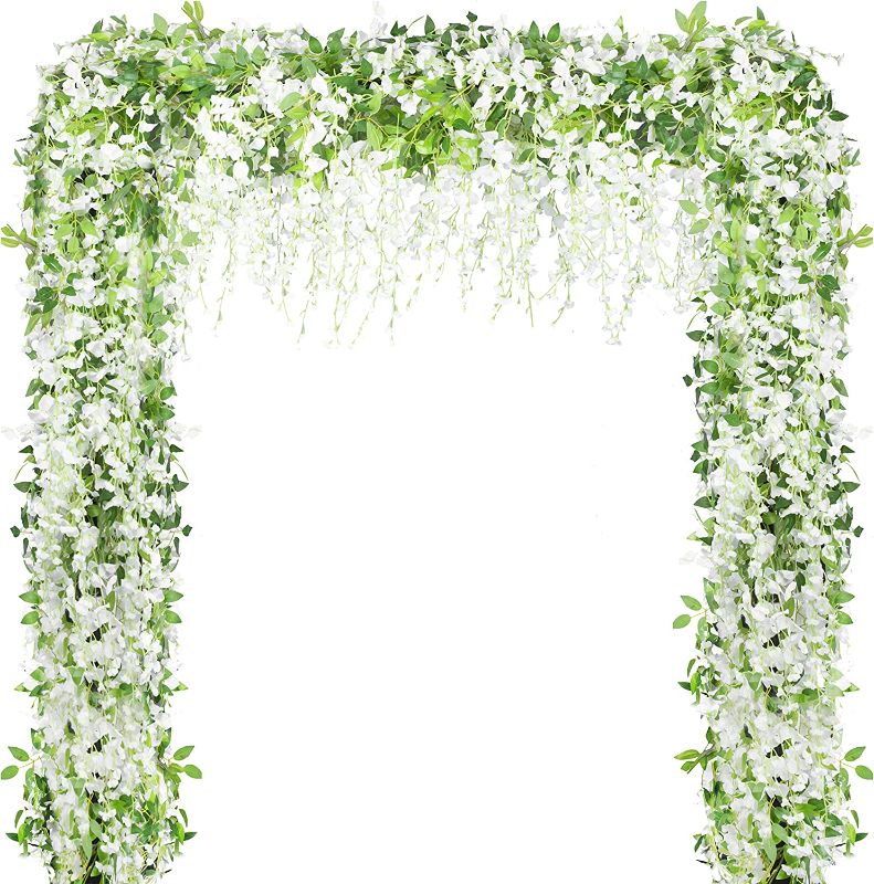 Photo 1 of Artificial Flowers White Wisteria Garland Vine Silk Hanging Flower for Home Garden Outdoor Ceremony Wedding Arch Floral Decor 4PCS Total 28.8FT
