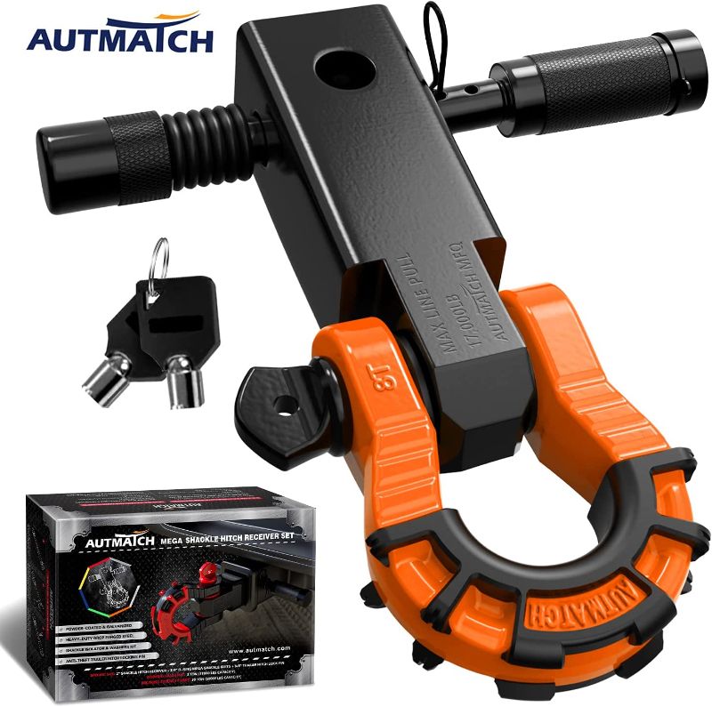 Photo 1 of AUTMATCH Shackle Hitch Receiver 2 Inch with 3/4" D Ring Mega Shackle and 5/8" Trailer Hitch Lock Pin, 68,000 Lbs Break Strength Heavy Duty Receiver Kit for Vehicle Recovery, Black & Orange
