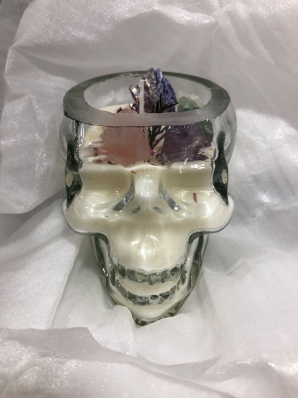 Photo 2 of AMOYSTONE Skull Crystal Candle Natural Gemstone Candles with Glass Skull Healing Fragrance Candle for Home Decor Meditation
