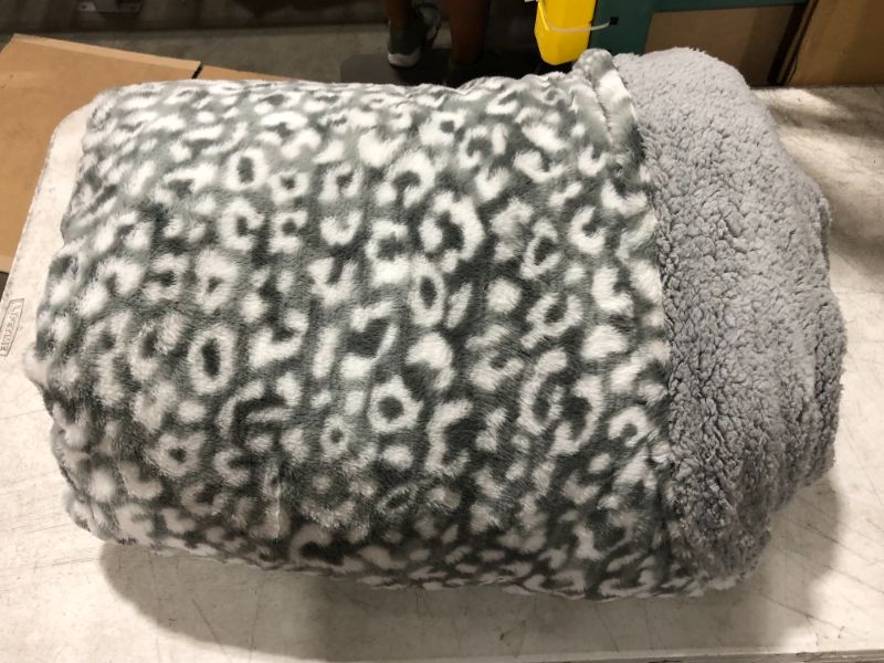 Photo 6 of Amazon Basics Fuzzy Faux Fur Sherpa Blanket, King, 92"x108" - Gray Snow Leopard - like new
