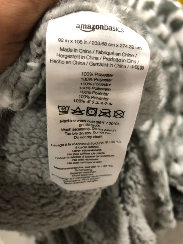 Photo 7 of Amazon Basics Fuzzy Faux Fur Sherpa Blanket, King, 92"x108" - Gray Snow Leopard - like new
