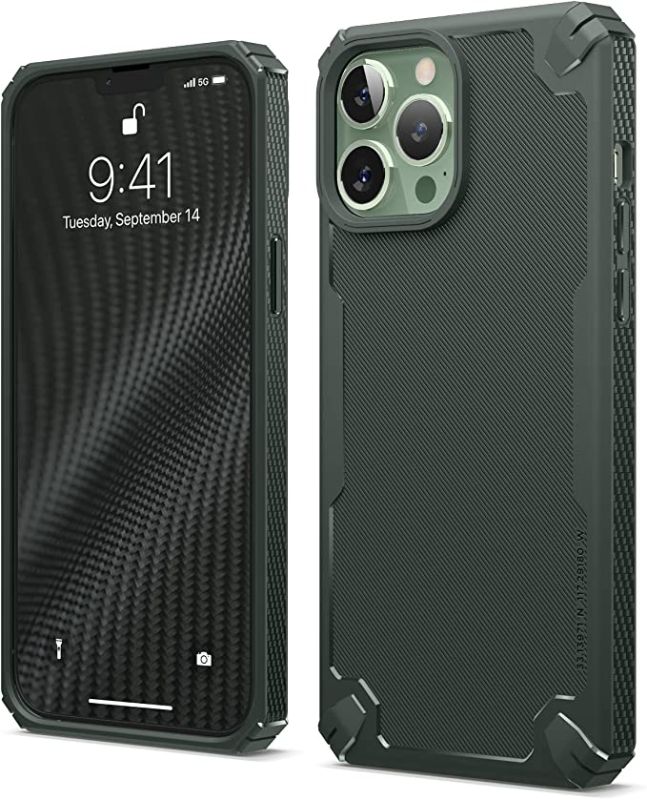 Photo 1 of elago Armor Compatible with iPhone 13 Pro Max Case 6.7 Inch - US Military Grade Drop Protection, Heavy-Duty Protection, Carbon Fiber Texture, Tough Rugged Design, Shockproof Bumper Cover (Dark Green)
