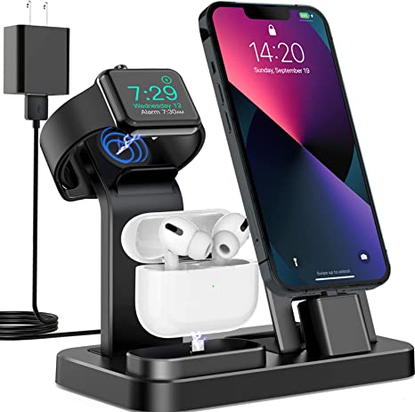 Photo 1 of 3 in 1 Charging Station for Apple Products, Removable Charging Stand for iPhone Series AirPods Pro/3/2/1, Charging Dock for Apple Watch SE/7/6/5/4/3/2/1(with 10W Adapter and Cable)(Black)
