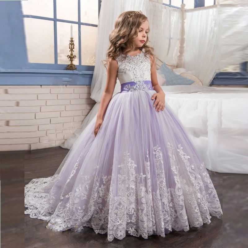 Photo 1 of 2017 Purple Ball Gown Tulle Flower Girl Dresses With Bow Ball Gown First Communion Dress for Girls Little Girls Pageant Dresses Kids SIZE12y - 13y 