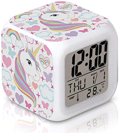 Photo 1 of DTMNEP Unicorn Alarm Clock for Kids Girls Room, LED Digital Bedroom Alarm Clock Easy Setting Cube Wake Up Clocks with 4 Sided Unicorn Pattern Soft Nightlight Large Display Ascending Sound
