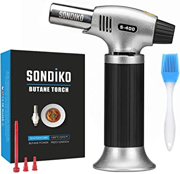 Photo 1 of Sondiko Butane Torch S400, Refillable Kitchen Torch Lighter, Fit All Butane Tanks Blow Torch with Safety Lock and Adjustable Flame for Desserts, Creme Brulee, and Baking—Butane Gas Is Not Included

