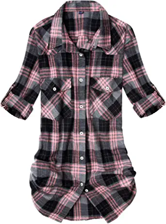 Photo 1 of Alimens & Gentle Women's Flannel Plaid Shirt Long Sleeve Roll Up Button Down Casual Shirts MED
