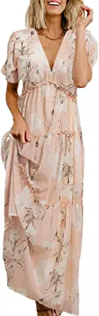 Photo 1 of Amegoya Women's Casual Short Sleeve V Neck Floral Maxi Dresses High Waist Boho Beach Flowy Ruffle Long Dress XL
 