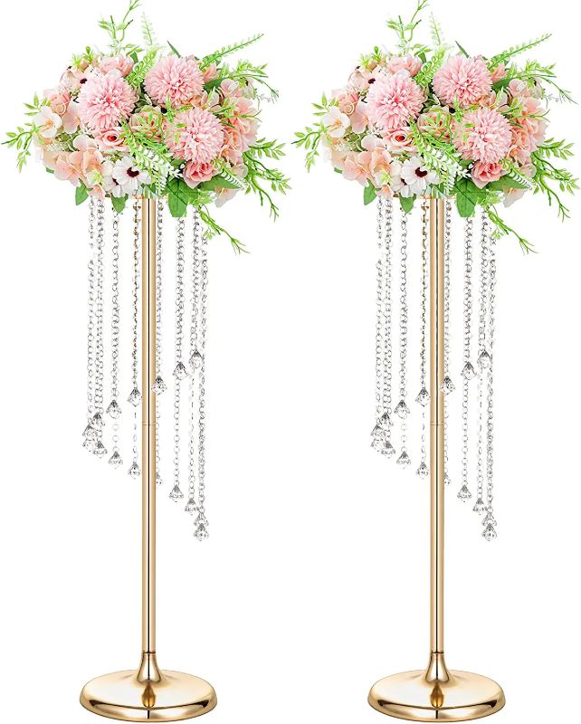 Photo 1 of 2Pcs Wedding Centerpieces for Tables Metal Flower Stand With Crystal 35.4 inches Tall Floor Vase for Decorative, Bulk Gold Vase for Reception Aisle Anniversary-Hoop Centerpiece with Stand(2 X L, Gold)
