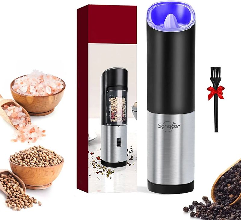 Photo 1 of Sangcon Electric Salt and Pepper Grinder Mill with Safety & Gravity Switch, Battery Powered with LED Light, Adjustable Coarseness, One Hand Automatic Operated Kitchen Gadgets, Stainless Steel Black
